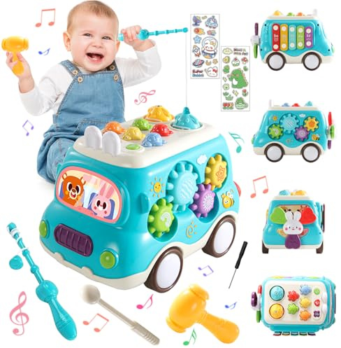 KIMIGO Jouet Enfant 1 2 3 an,Jouet Montessori Bebe,Bus Musicaux Sensoriel avec Jeu Pêche,Jeu Marteau,Jouets Éducatifs Motricité Fine,Cadeaux d'anniversaire pour 12-18 Mois Garçon Fille