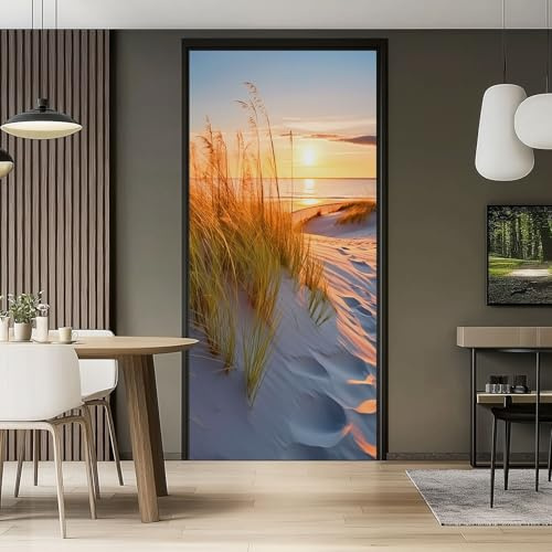 Türaufkleber Natur Strand Grünes Gras Sonnenuntergang Türfolie Selbstklebende Fototapete, Creme Gelb Türposter Abnehmbar Türfolie PVC für Tür Küche Badezimmer Türaufkleber 90 x 200 cm