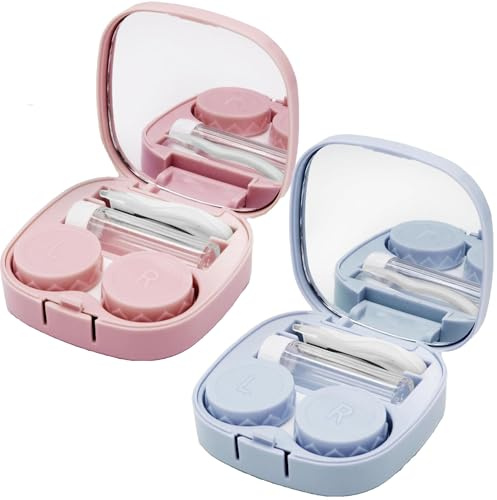 2 PCS Contact Lens Cases with Mirror – Portable Travel Contact Lens Case – Leak-Proof Contact Lens Container with Tweezers & Solution Bottle – Ideal for Soft & Hard Contact Lenses ( Blue & Pink)