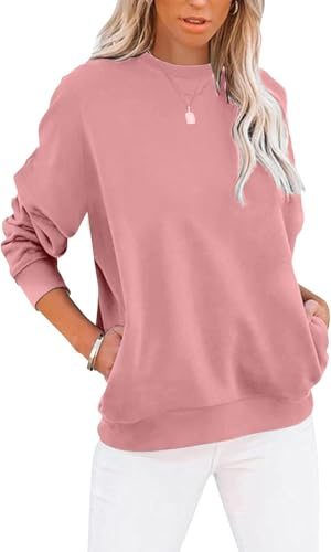 YUANXIAO Sweatshirt Damen Pullover Herbst Winter Rundhals Sweater Farbblock Pulli Langarmshirt Baumwolle Elegant Langarm Oberteile mit Taschen