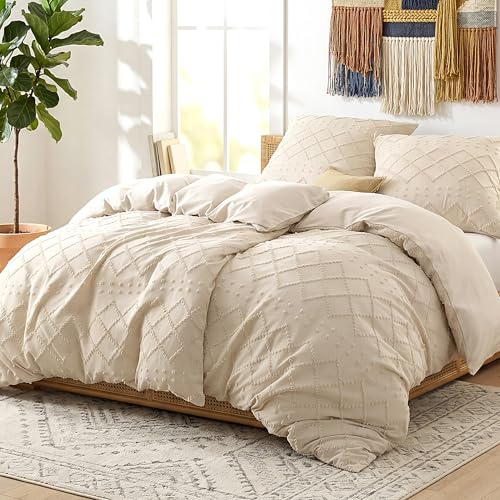 BEDSURE Beige Boho Bettwäsche 4teilig - 135x200 cm | Weiche Mikrofaser, atmungsaktiv. 8 Eckbänder, Reißverschluss. OEKO-TEX. Pflegeleicht. 4tlg: 1 Bezug 135x200 + 2 Kissen 80x80.