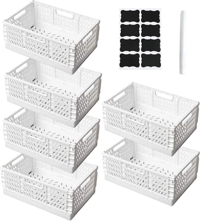 6 Stück Klappbox mit Aufkleber,Stifte, Klappkiste Aufbewahrungskorb,Faltbare Aufbewahrungskörbe mit Griffen,Stapelbar für Küche,Büro,Schublade (Weiß, 22×14,8×9,3 cm)