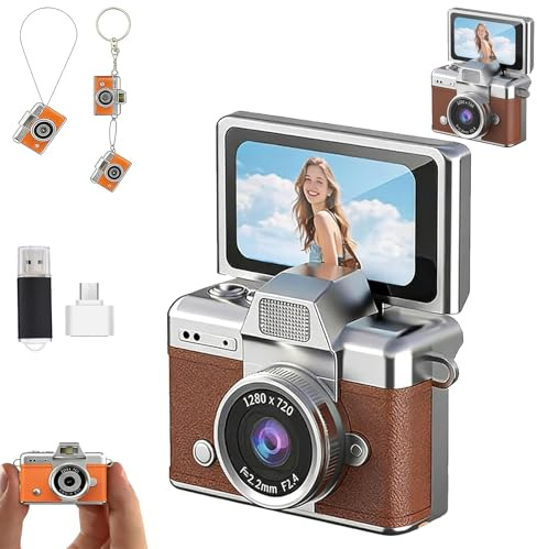 Mini Digital Camera with 1.47 in LCD Screen, 2026 New Mini Digital Camera, 1080P Retro Keychain Camera with Built-in Flash & Flip Display, for Travel Study Concert Daily (Brown)