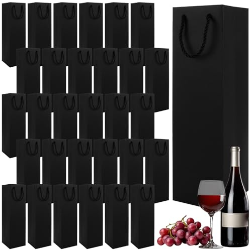 AKOLAFE 30 stycken flaskpåsar svarta presentpåsar kraftpapper vinpåsar 9,5 x 9,5 x 35 cm vinväskor flaskväska presentpåsar med handtag vinflaskor påsar för jul, bröllop, födelsedag