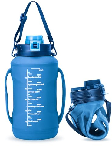 Bouteille D'eau Pliables, 2 L Bouteilles D'eau de Sport Portable, Gourde Pliables, Gourde Sport, Gobelet Pliable, Bouteilles D'eau Pliables avec Paille et Marqueur de Temps pour Fitness, Voyages