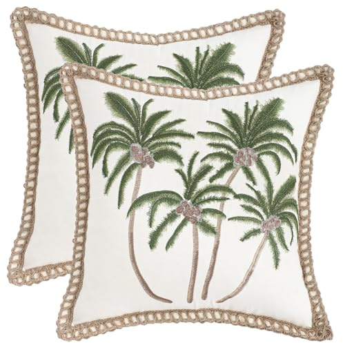 Tosleo Juego de 2 fundas de cojín de verano de 45 x 45 cm, diseño de palmeras tropicales, yute, bohemio, con bordes cerrados, decoración para sofá, dormitorio, granja, salón