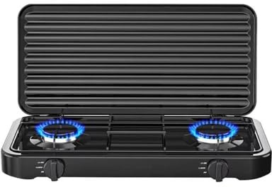 Kovalmax® Fornello a Gas GPL 2 Fuochi 2.2 kW – Piastra da Campeggio e Casa – Mod. DT-568-2T – Nero