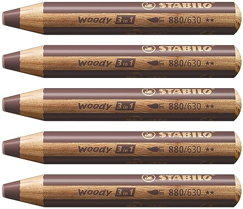 STABILO - Buntstift, Wasserfarbe & Wachsmalkreide - woody 3 in 1-5er Pack - braun | 5er Pack, braun
