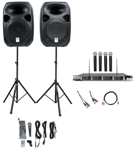 Rockville RPG122K Bundle: (2) 12 in 1000-Watt Peak/250-Watt RMS Powered Bluetooth PA Speakers, (4) Wireless Handheld Mics, RCA & TRS Cables, YouTube Karaoke System for TV, Laptop or iPad, 4-Items