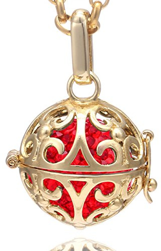 Morella Collar de Acero Inoxidable Dorado 70 cm con Colgante Ornamento y Bola de resonancia de Color Rojo Ø 16 mm para Damas en Bolsa para Joyas