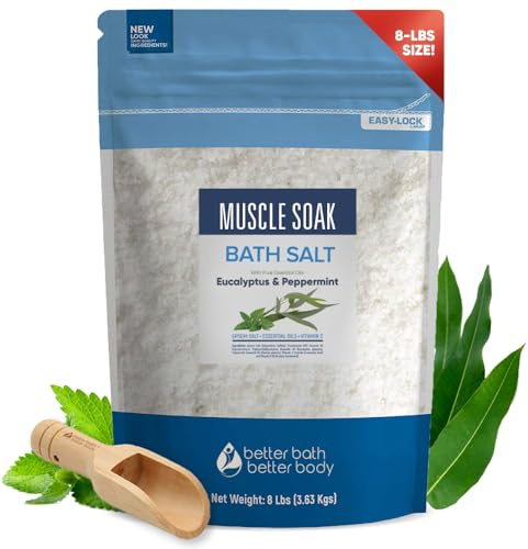 Muscle Soak Bath Salt 128 Ounces Epsom Salt with Natural Peppermint and Eucalyptus Essential Oils Plus Vitamin C in BPA Free Pouch with Easy Press-Lock Seal