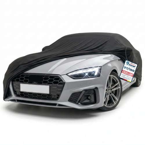 Funda para Coche de Interior – Protección contra el Polvo y la Suciedad para Coches pequeños, berlinas y SUV – con Bolsa de Almacenamiento – Sujeción Segura Mediante Banda elástica – Diseño Deportivo