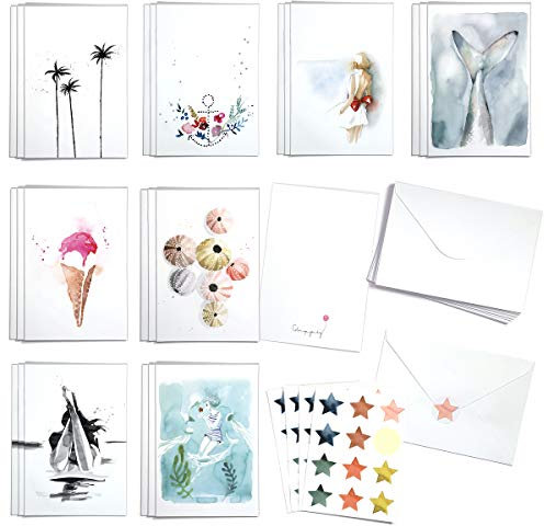 Bezauberndes Küstengemälde-Grußkarten Box mit 24 Grußkarten inklusive Umschlägen und Verschlussaufklebern. Aquarellmotive von Blule. Blanko-Dankeskarten für alle Anlässe, Worte der Anerkennung
