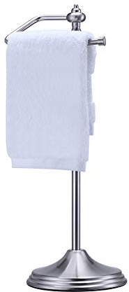 SunnyPoint Heavy Weight Metal Fingertip Towel Holder Stand for Bathroom, Kitchen, Vanity and Countertops; Hanging Bar is 14.2 Height (Satin Nickel, 15.6 x 5.6 x 5.6)-Easy Assembly Required.