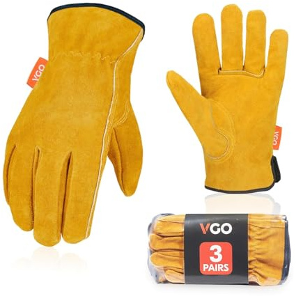 Vgo... 3 par läder säkerhetsarbetshandskar för män, trädgårdshandskar, handhandskar, bygghandskar (CB9501, guld, M, 3 par)