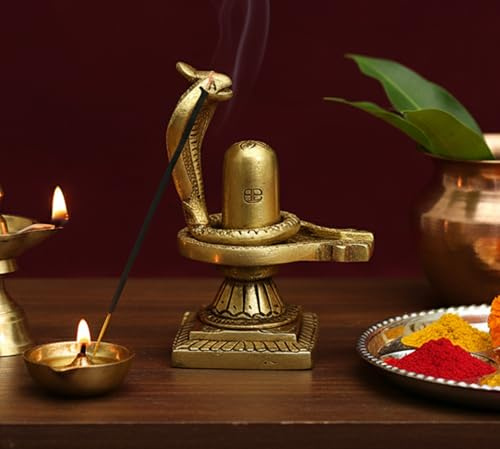 ESPLANADE Mässing Shiv Ling Shiva Lingam med Sheshnaag staty Idol Murti för hemtempel och Pooja - 10 cm