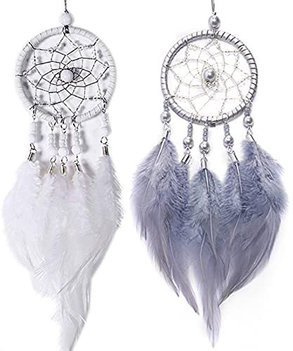 2 Stück Mini Traumfänger Ornamente, Pium Handgewebte Bohemian Dreamcatcher Hängende Dekoration für Haus, Fenster und Auto (Weiß/Grau)