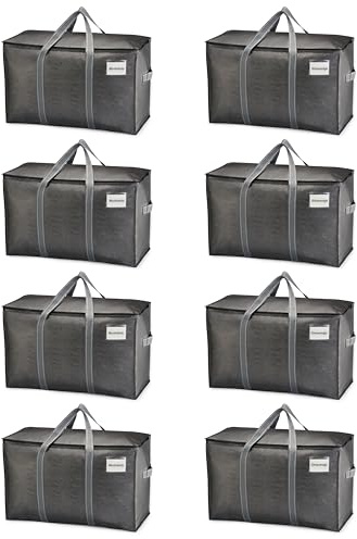 VENO 102 Liter Große Aufbewahrungstasche, Aufbewahrungsbox mit Deckel, Starke Griffe Umzugstaschen mit Reißverschlüssen, Alternative Umzugskartons, Faltbare Kleideraufbewahrung (Grau, 8er Pack)