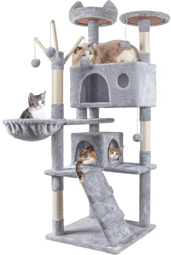 HOMIDEC Cat Tree,151cm Cat Tower for Indoor Kitty,Scratching Post Stable Activity Centre Climbing Tree with 4 Sisal Posts,3 cat teasing sticks,2 Kitty Houses,Hammock,Ladder,and Rest Place.Grey