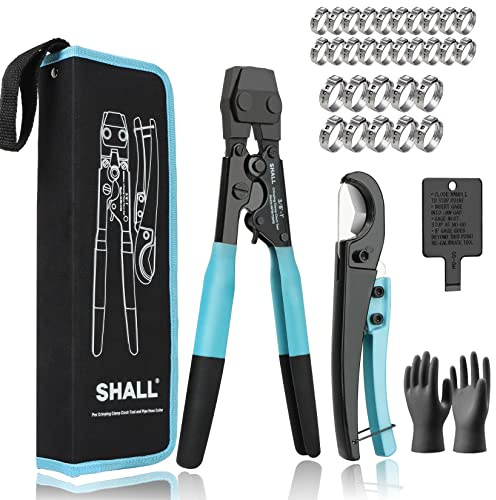 SHALL Pex Crimping Clamp Cinch Tool and Pipe Hose Cutter, Pipe Fitting Crimper Tool Kit Meets ASTM F2098 for 3/8 to 1 Stainless Steel Clamps Including 20pcs 1/2, 10pcs 3/4 Clamps With Storage Bag