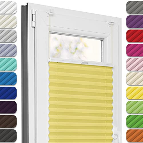 Estika Plissee ohne Bohren, Premium Klemmfix - 80cm Breite x 120cm Höhe - Gelb - Metal Plisseehalter ohne Bohren, Modern Sichtschutz für Fenster, Jalousien Fenster für innen