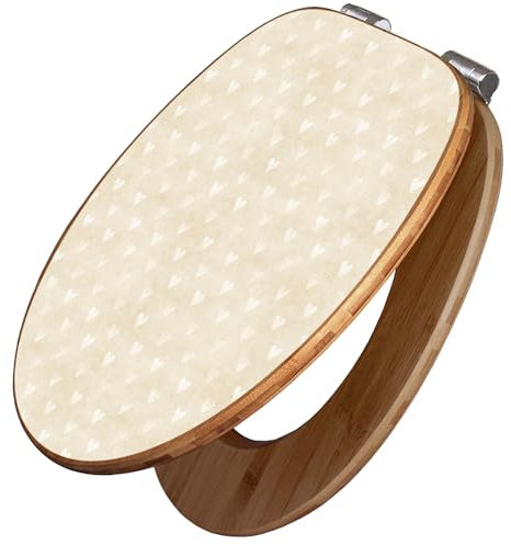 banjado Design WC Sitz Bambus Absenkautomatik 45,8x37,5cm / Toilettendeckel mit Absenkautomatik Holz/hochwertiger Bambus Klodeckel/WC-Sitz für gängigen Toiletten/Motiv Beige Herzen
