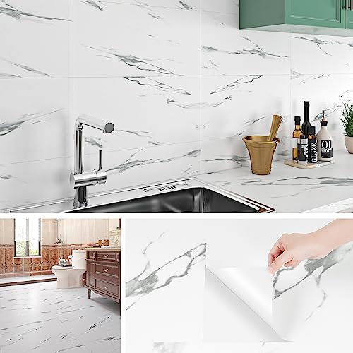 Livelynine Piastrelle Adesive Cucina Bianche Paraschizzi Cucina Adesivo Effetto Marmo Grigio Chiaro Piastrelle Adesive Bagno 60x30cm Piastrelle Adesive Pavimento PVC Adesivo Soggiorno, 4 Piastrelle