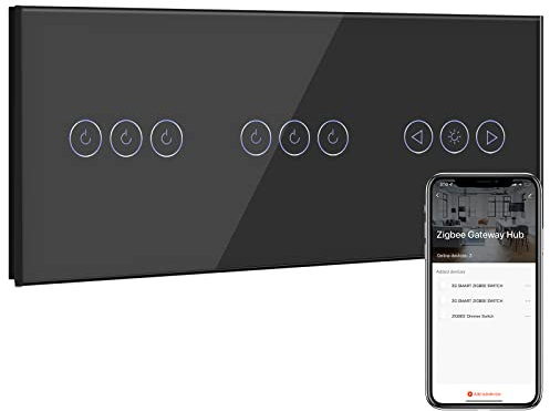 BSEED Smart ZigBee Single Live Doppel Lichtschalter 3 Fach mit ZigBee Dimmer Schalter,ZigBee Schalter,Wandschalter Lichtschalter Unterputz Glas arbeitet Smart Life/Tuya,Alexa Schwarz(Hub erforderlich)