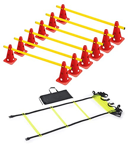 RHINOS sports Agility Trainings-Set | Koordinationsleiter 4m inkl. Tasche + Steckhürdenset 6er | 12 rote Kegel: 22,5cm | 6 gelbe Stangen: 1m