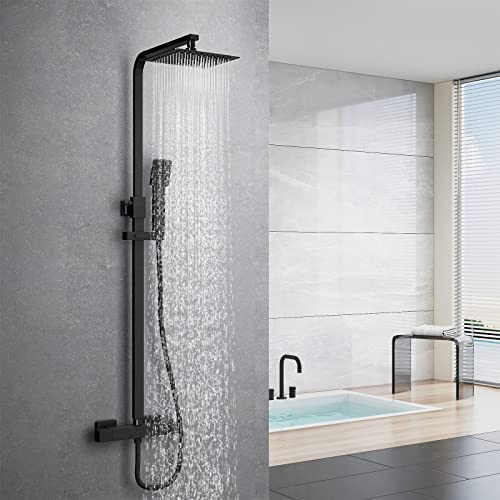 Heilmetz Colonna doccia con miscelatore termostatico nero opaco, Doccetta + asta doccia regolabile + soffione 20x20cm, Colonna doccia Set doccia