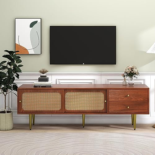 kubeier Mueble TV Vintage de 160 cm para televisores de 55 y 65 Pulgadas, Mueble TV de Madera con Puertas correderas de ratán y prácticos cajones, Mesa TV para salón Oficina, Nogal