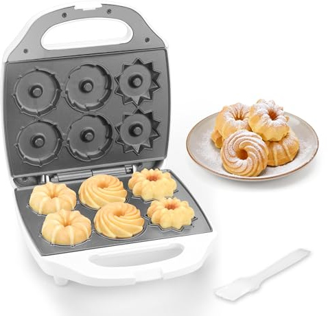 SugarWhisk Mini Donut Maker Machine, Electric Mini Bundt Cake Pan, Bake 6 Bundt Doughnuts with 3 Shapes, Excellent for Breakfast, Snacks, Desserts & More