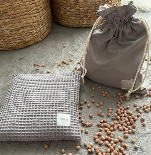 PREMIUM Waffelpique Baumwolle Kernkissen Wärmekissen Wärmekompresse LOOLAY Kirschkernen „Wärmflasche“ SET: Kissen + Bezug + Beutel SUPER Geschenk (15 x 15 cm GRAU Waffel)