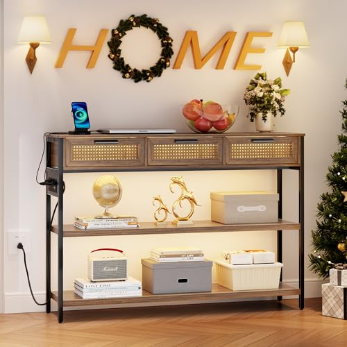 Lvifur Mesa Consola con lámpara LED y Patas Ajustables, Mesa de sofá con 3 cajones y enchufes, Mesa Auxiliar con estación de Carga Inteligente para salón, Entrada