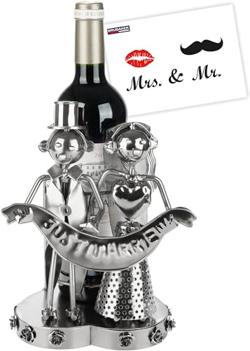 BRUBAKER Weinflaschenhalter Just Married Brautpaar - Metall Skulptur Flaschenhalter Hochzeitspaar - Wein Geschenk zur Hochzeit - Flaschenständer mit Geschenkkarte