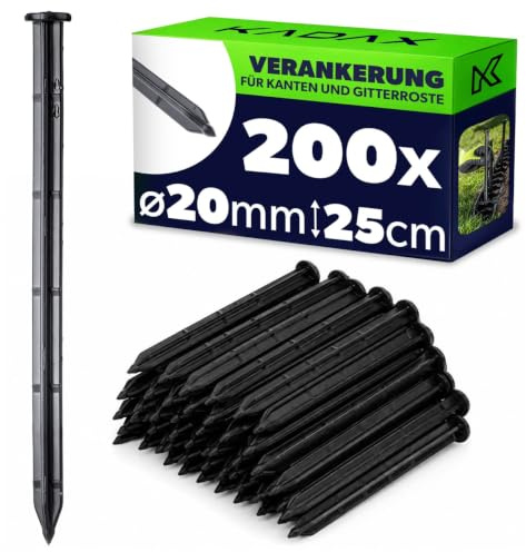 KADAX Lot de 200 Piquets d'ancrage au Sol, 25 cm, Ancres de Sol en Plastique, Clous de Terre, Fixations avec Bosses, piquets d'ancrage en Plastique pour clôtures et Treillis de Gazon (Noir, Rond)