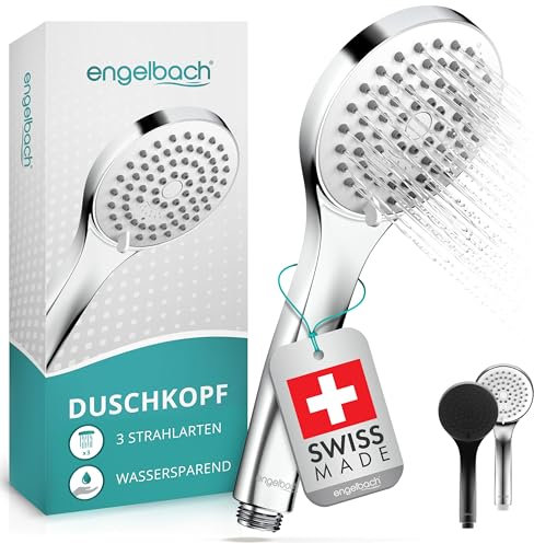 Engelbach® Duschkopf wassersparend – Hergestellt in der Schweiz | 3 Strahlarten: Sanfter Regen, Massage & Intensiv | Universal Duschbrause (9L/Min), Handbrause, Chrom