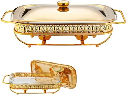 3L Stainless Steel Chafer Set, Round Buffet Chafing Dish with Water Pan, Food Pan, Fuel Holder and Lid for Buffet, Weddings, Parties(Gold)