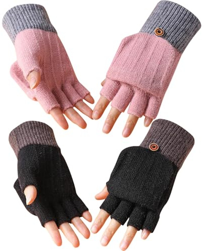 TYXHXTF 2 Pares Guantes de Invierno para Mujer Hombre, Convertibles Manoplas de Punto de Guantes sin Dedos con Cubierta para Días Frías para Damas y Niñas