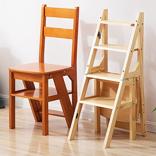 Solid Wood Folding Library Ladder Chair Step Ladders Step Chair Foldable 4 Step Climb Step Display Stand Flower Stand Brown 46x35x90CM