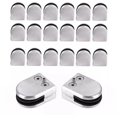 Glass Clamps 20 Pcs Glass Clamp Holder 8-10mm Polished Stainless Steel for Railing Stair, 304 Stainless Steel Gla-ss Bracket Polished Flat Back Round Glass Clip for Stair, Balustrade, Handrail, Window