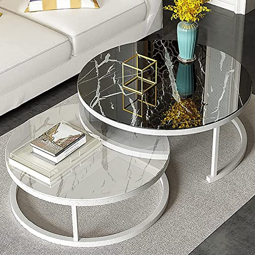 UQACHG Moderne runde Couchtische für das Wohnzimmer, Satztisch aus gehärtetem Glas und Metall, Beistelltisch-Set mit 2 Tischen, Sofatisch, Mitteltische für das Wohnzimmer, schwa，White Frame-28in+20in