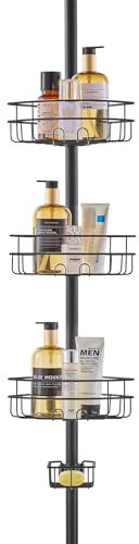 VEVOR Shower Corner Caddy Tension Pole, 39 to 125 High, Multi-Functional Shower Tension Pole with Strong Load-Bearing Tray, Rust-Proof Easy-to-Install Tension Pole, Fit for Bathroom & Washroom