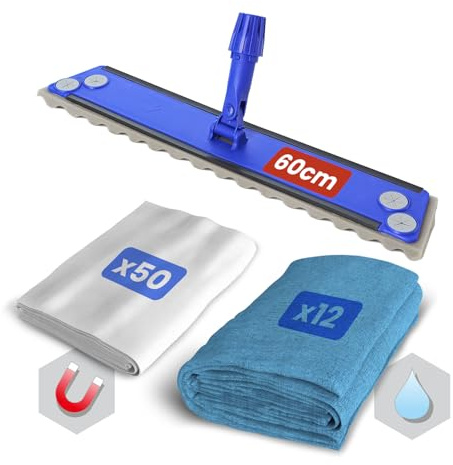 BLANCO PLATA - Pack de Mopa de Limpieza Suelos Soporte +Recambio 50 gasas atrapapolvo Limpieza en seco + Recambio 12 mopas Microfibra Limpieza en húmedo. Todo Tipo de Suelos.