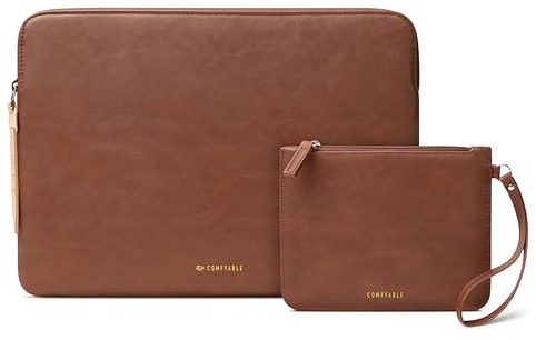 Comfyable Slim Protective Laptop Sleeve with Accessory Pouch Compatible with 13/13.3/14 Inch MacBook Pro & MacBook Air, Mac Travel Case, Slim PU Leather Laptop Cover M4/M3/M2/M1 2024-2021, Brown