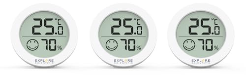 Explore Scientific Mini Termometro Igrometro con Indicatore di Comfort | Display LCD con indicazione di temperatura, umidità, di piccole dimensioni, ideale per la scrivania, 3pz, neri