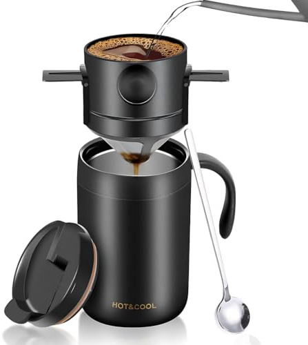 KDXYSL Kaffeebereiter Set, Camping Tasse All-in-One Thermo-Kaffeebecher für unterwegs und Handtropf-Kaffeemaschine, Vakuumisolierter Edelstahl mit papierlosem Filter