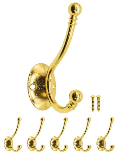 Fuxxer® 5 x klassiska garderobskrokar, järnkrokar, väggkrokar, 90 mm, guld, mässing, set om 5