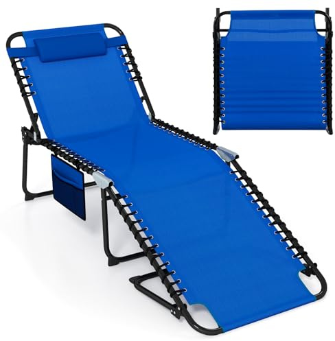 COSTWAY Folding Sun Lounger, 4-Level Adjustable Garden Reclining Chaise Lounge Chair Sunbed with Pillow and Side Pocket, Portable Outdoor Sunbathing Recliner for Patio Pool Beach (Navy, 168x69x86cm)