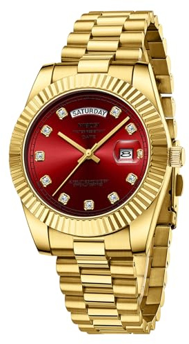 NIBOSI Herrklocka armbandsur män analog kvartsur rostfritt stål klockor för män vattentät affärsliv klassisk klocka med dag och datumvisning, 2627-guld röd, Klassisk